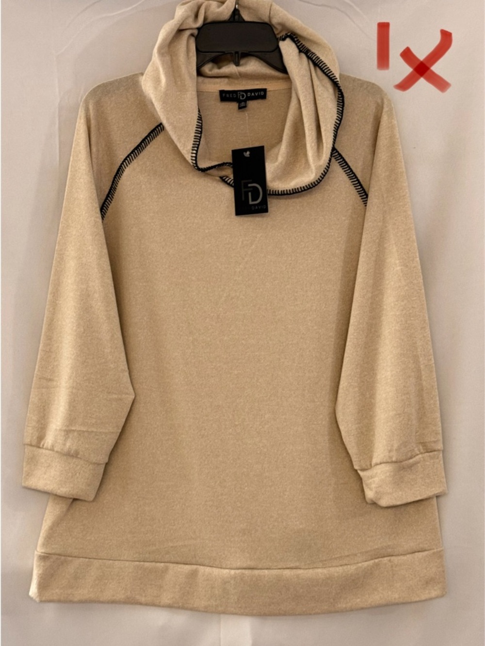 Fred David Beige Cowl Neck Sweater with Black Stitching